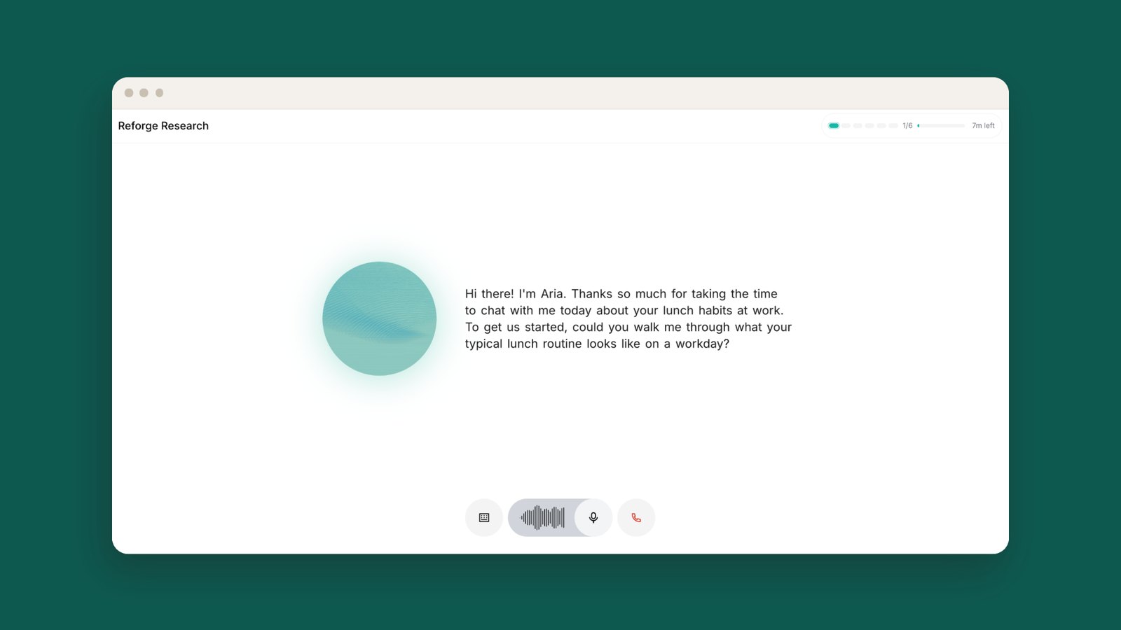 Reforge AI Interviewer greeting a participant at the start of a voice interview