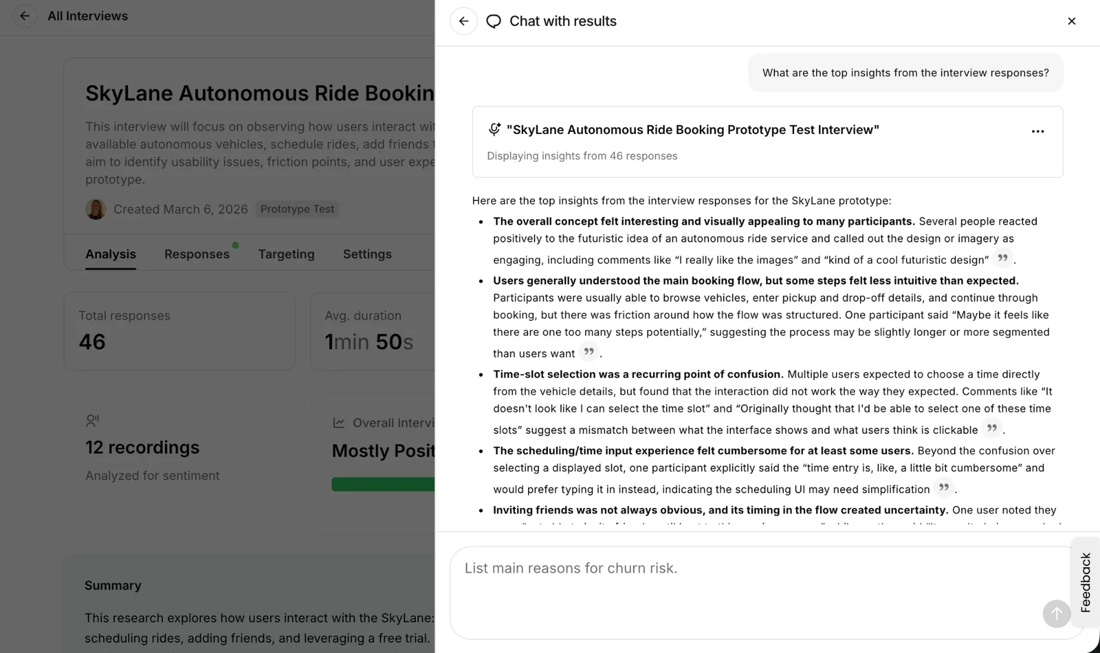 Chat with results panel listing top insights from 46 responses, with participant quotes