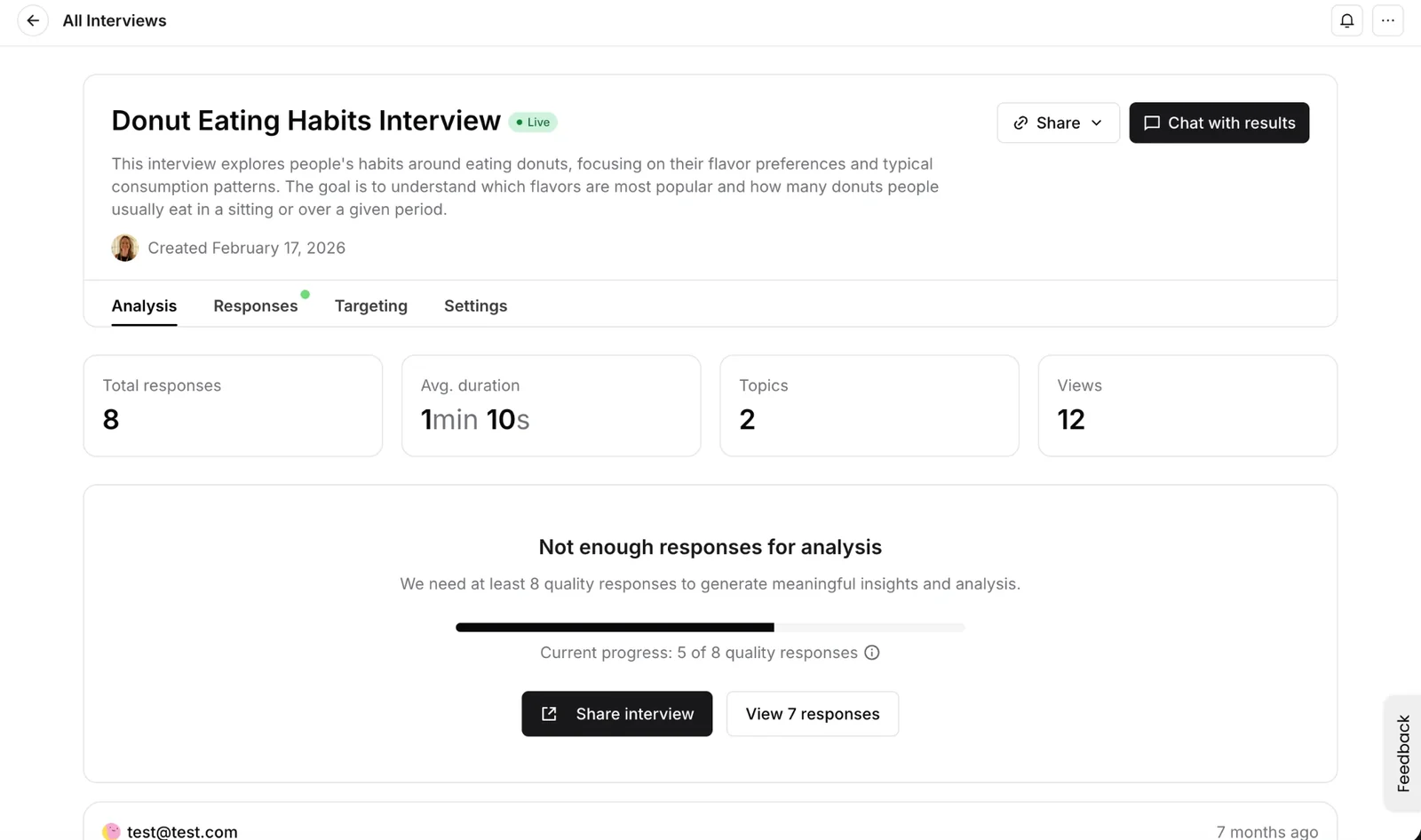 Interview analysis page saying there are not enough responses yet, with progress toward 8 quality responses and a Share interview button