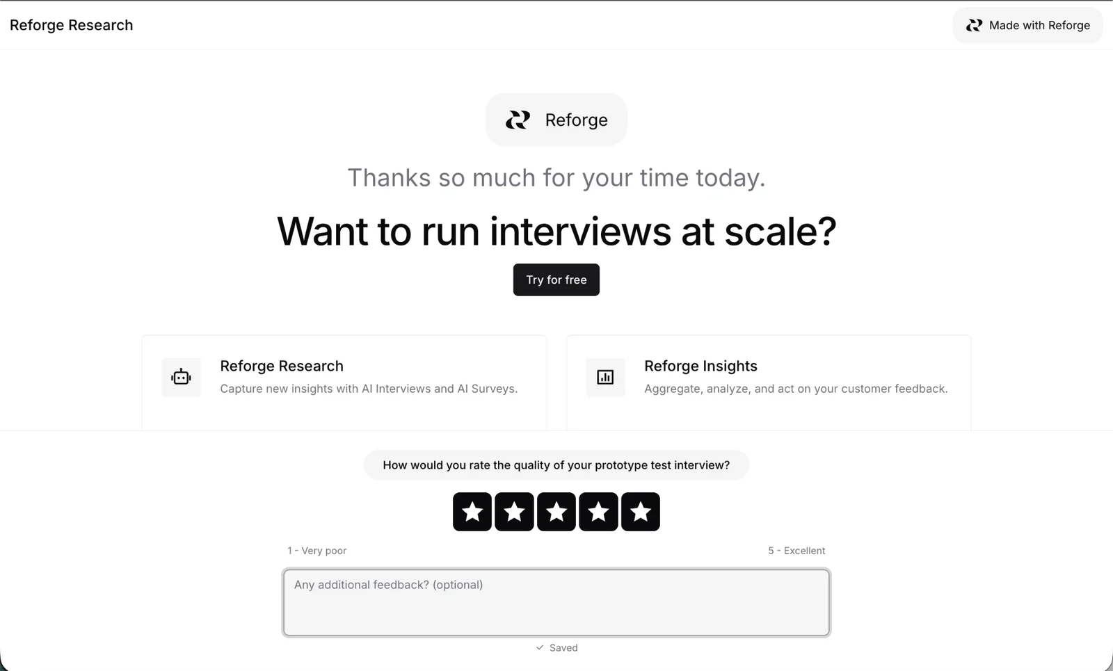 Closing screen thanking the participant, with a 1 to 5 quality rating and an optional feedback box