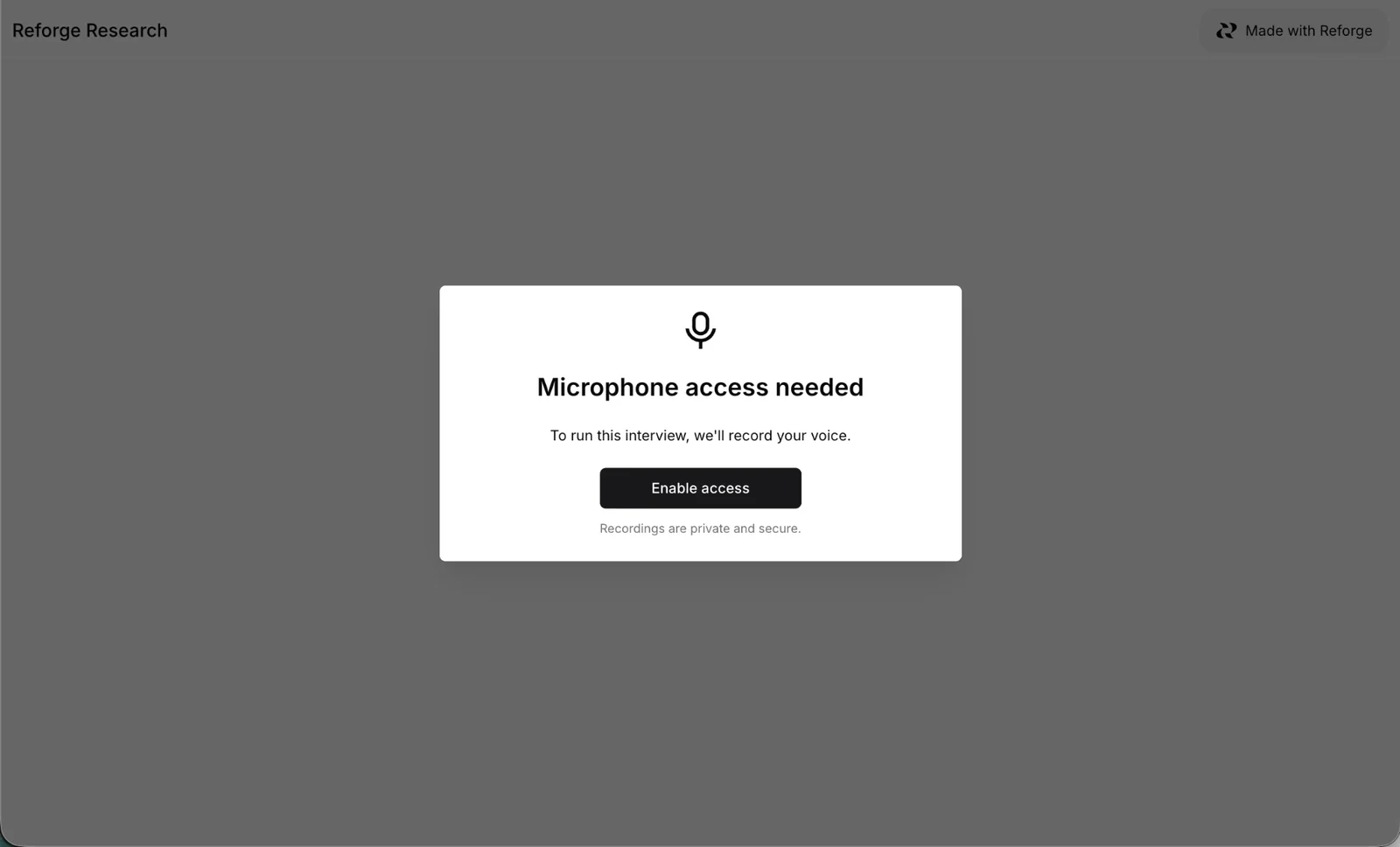 Microphone access prompt explaining that the interview records your voice and recordings are private and secure
