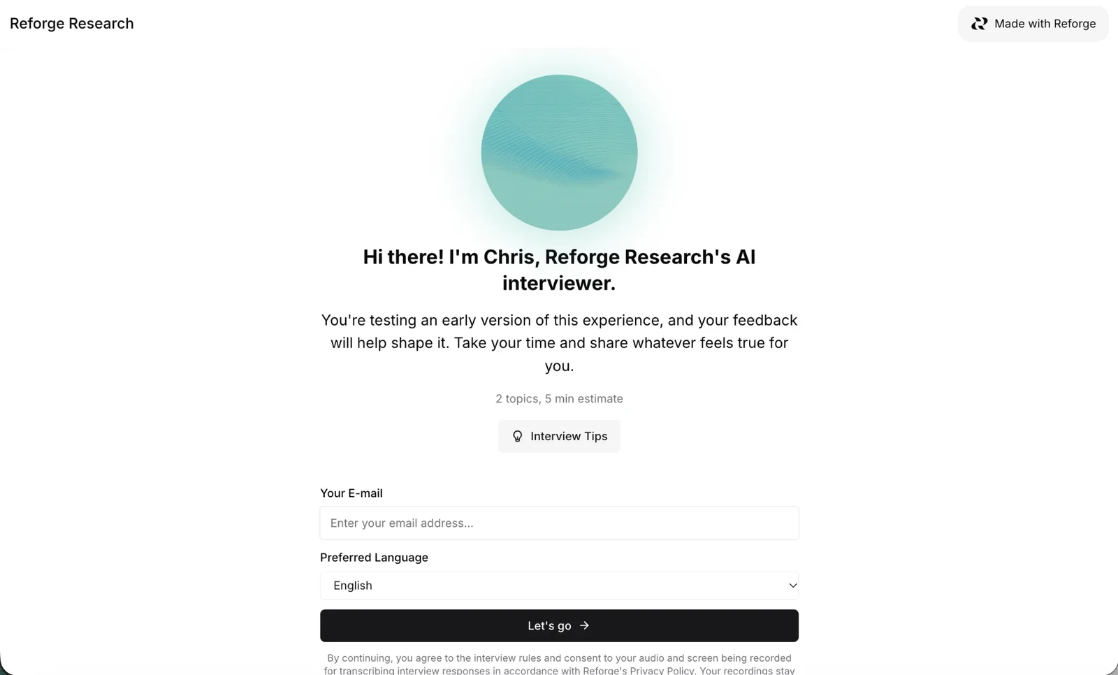 Participant welcome screen from the AI interviewer, with email, preferred language and a Let's go button
