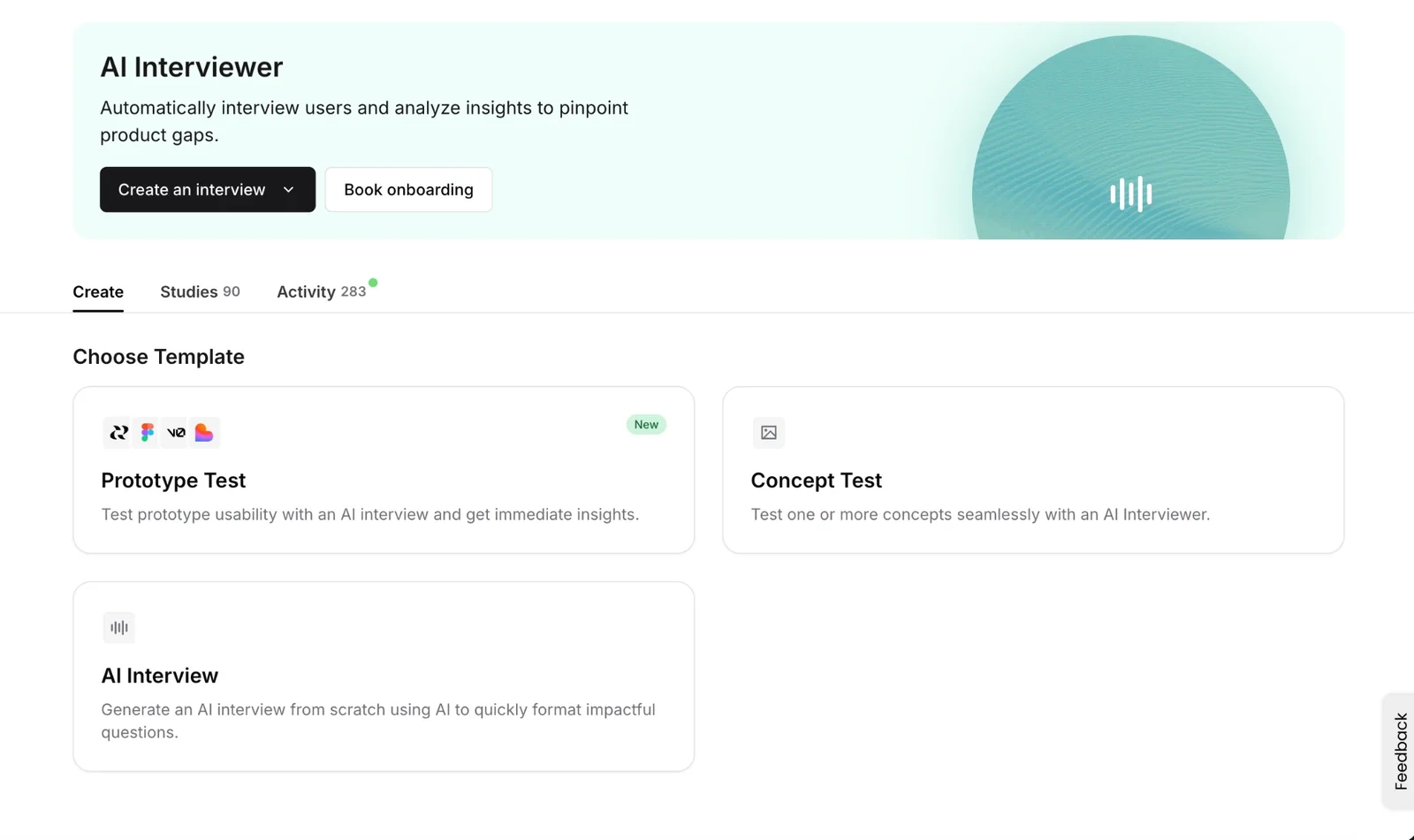 AI Interviewer home with templates for a prototype test, a concept test and an AI interview