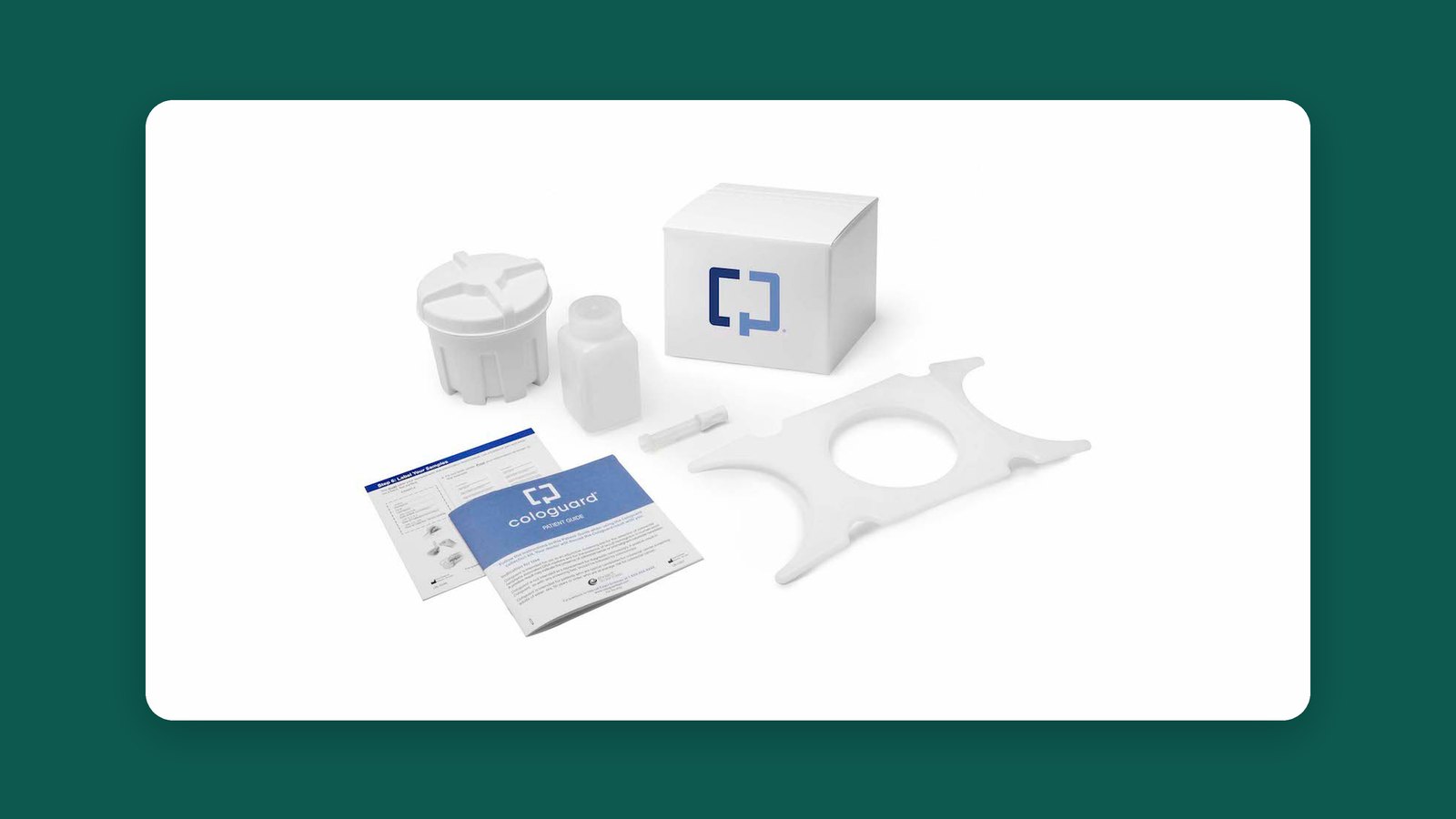 Cologuard at-home screening kit: collection container, sample tube, bracket, box and patient guide