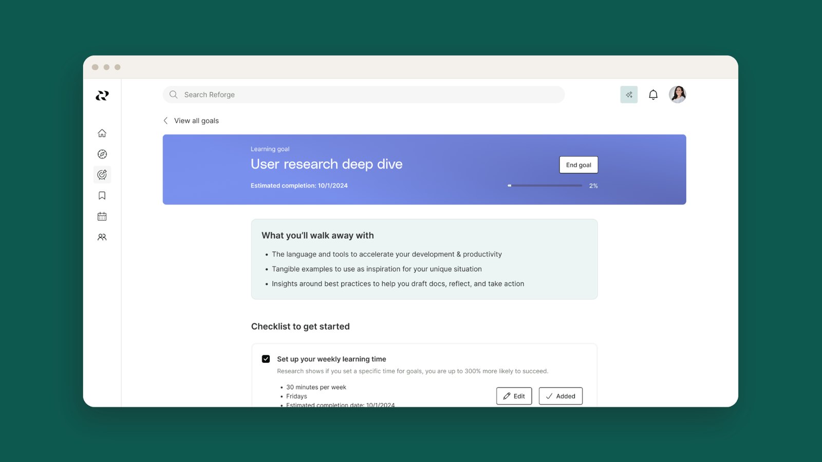 Reforge Learning Goals page for a User research deep dive goal, with progress and a getting-started checklist