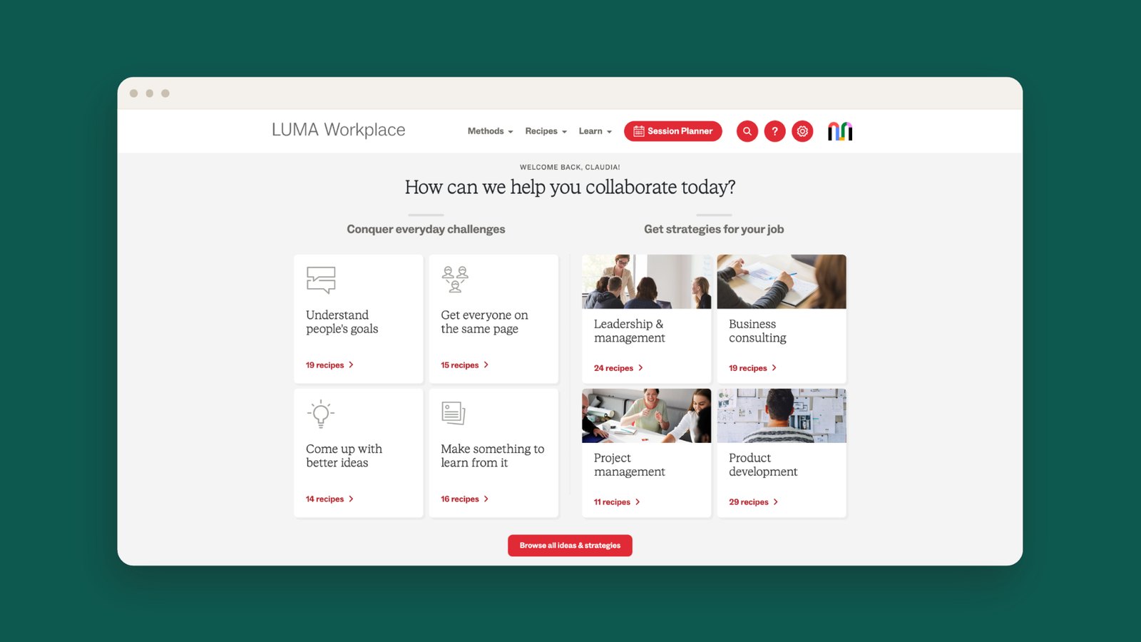 LUMA Workplace home page with recipes for everyday challenges and strategies by job