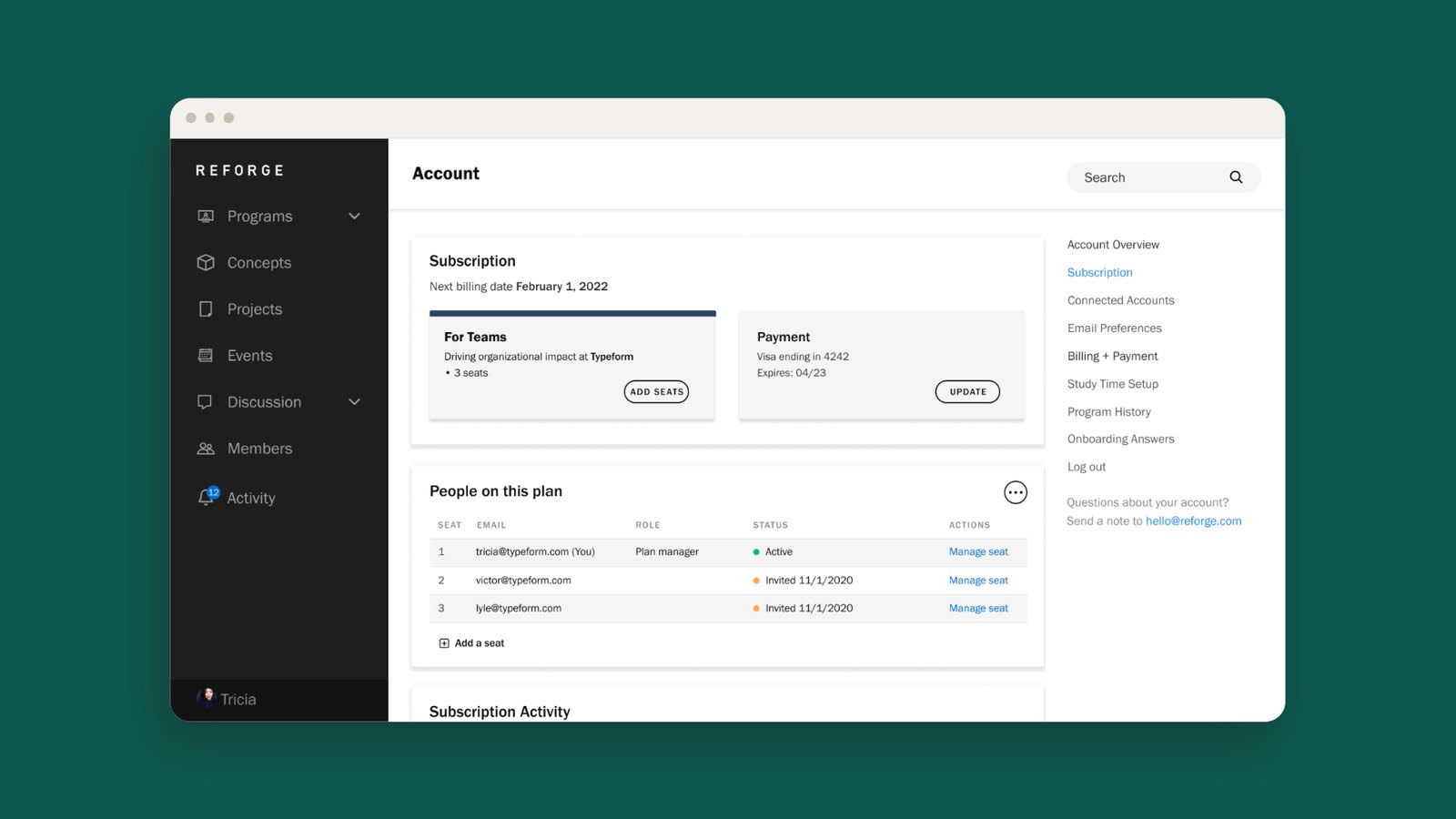 Reforge account page showing a team subscription, payment details and the people on the plan with seat actions