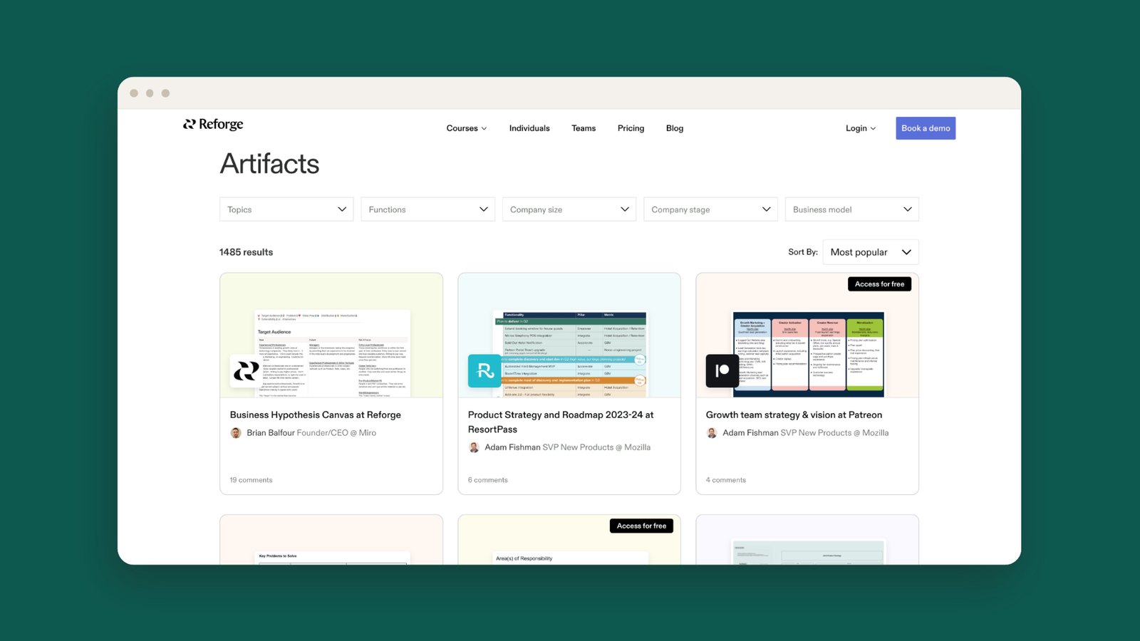 Reforge Artifacts library with filters and cards for real strategy and roadmap documents